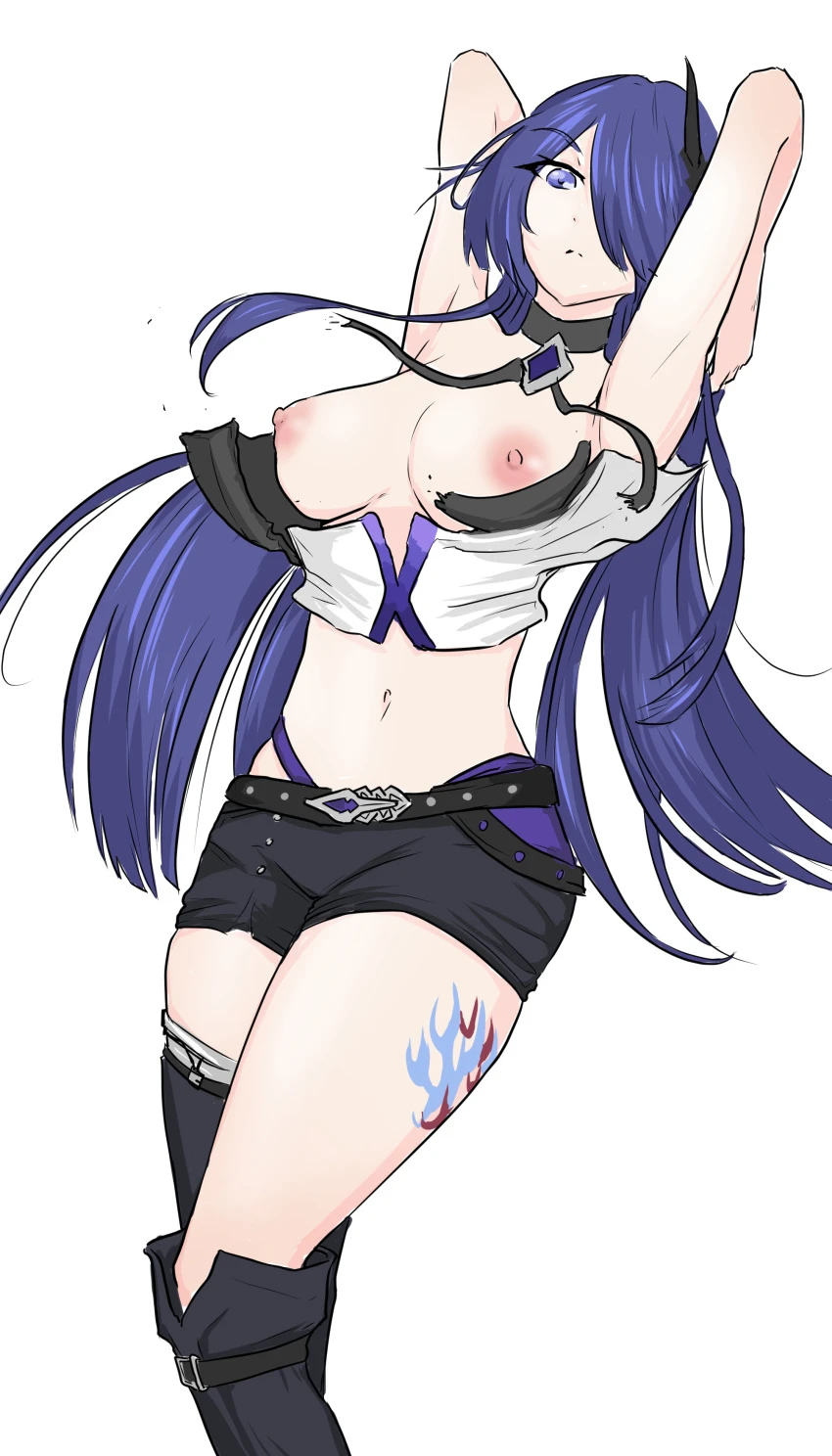 honkai: star rail, acheron (honkai: star rail), 1girls, armpit, arms up, blue eyes, blue hair, breasts, large breasts, long hair, looking at viewer, nipples, short shorts, solo, solo focus, standing, tattoo, thick thighs, thigh squish, topless, first porn of character