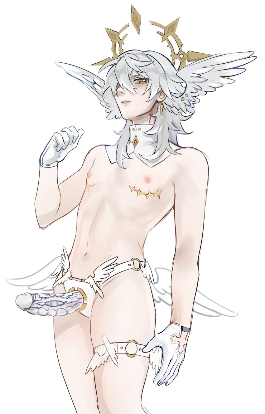 kyooq , honkai (series), honkai: star rail, sunday (honkai: star rail), 1boy, angel wings, blue pupils, blush, blush lines, butt wings, collar, collar only, ear piercing, earring, ftm, garter belt, gloves, gold (metal), gold earrings, gold jewelry, gold piercing, gray hair, halo, head wings, looking at viewer, looking down, male, male focus, male only, mastectomy scar, mastectomy scars, nipples, pale skin, pale-skinned male, pierced ears, scar, scars, scars on chest, simple background, skinny, skinny male, slim, slim waist, spread wings, staring at viewer, strap, strap-on, strapon, thick thighs, thighs, top surgery scars, trans man, white background, wing piercing, winged humanoid, wings, wings on head, yellow eyes, yellow scar, absurd res, absurd resolution, absurdres