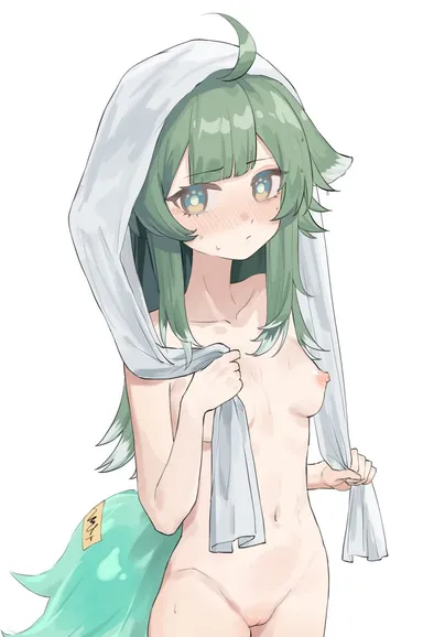 honkai (series), honkai: star rail, huohuo (honkai: star rail), ahoge, animal ears, blush, breasts, closed mouth, completely nude, cowboy shot, female, fox ears, fox girl, fox tail, green eyes, green hair, long hair, looking at viewer, navel, nipples, nude, pussy, small breasts, solo, tail, towel, towel on head, user awny2723, wet, absurdres, highres, simple background, uncensored, white background