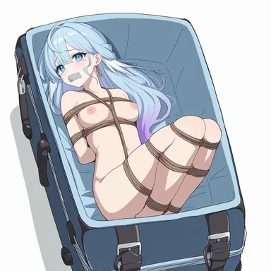 honkai: star rail, robin (honkai: star rail), arms tied behind back, blue eyes, blue hair, bondage, bound ankles, bound legs, breasts, gag, gagged, in suitcase, light blue hair, looking at viewer, nude, tape gag, tearing up