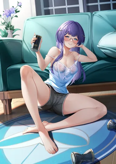 d.joko, honkai (series), honkai: star rail, pela (honkai: star rail), beer can, blue eyes, blue hair, breasts visible through clothing, couch, glasses, large breasts, long hair, nipples visible through clothing, spread legs, wet clothes, wet shirt