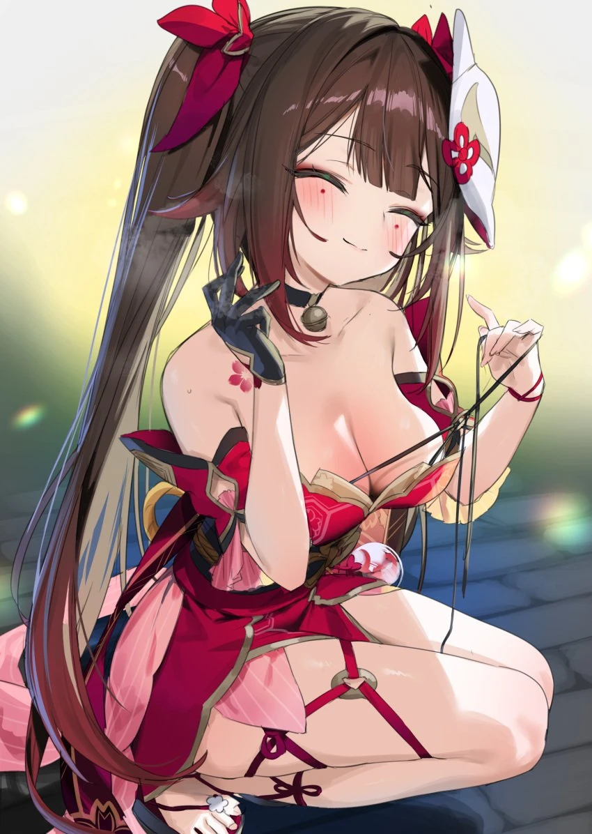 itohana, honkai (series), honkai: star rail, hoyoverse, mihoyo, sparkle (honkai: star rail), bare shoulders, blush, blush lines, breasts, brown hair, cute, cute expression, cute eyes, cute face, cute girl, cute smile, dress, glove, horny female, imminent cumshot, legs, legwear, long hair, necklace, neckwear, no bra, ornament, perfect breasts, red dress, round breasts, sitting, smiling, smiling at viewer, suggestive smile, sunburn, thick, thick body, twintails