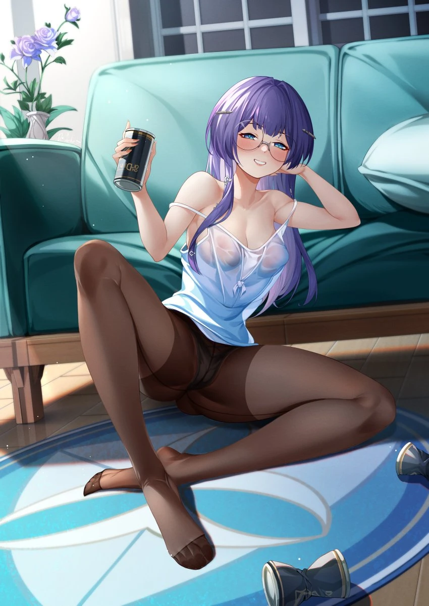 d.joko, honkai (series), honkai: star rail, pela (honkai: star rail), beer can, blue eyes, blue hair, breasts visible through clothing, couch, glasses, large breasts, long hair, nipples visible through clothing, spread legs, wet clothes, wet shirt