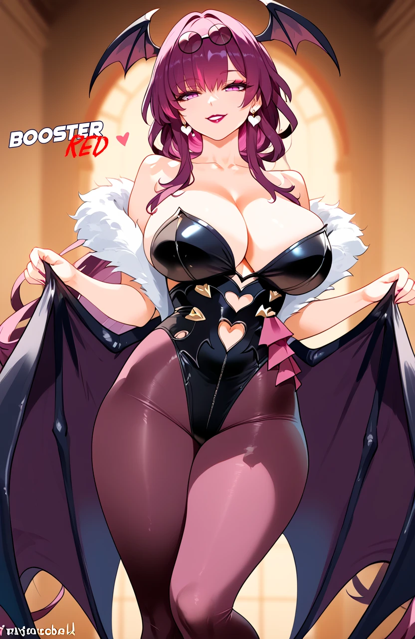 boosterred99, darkstalkers, honkai: star rail, kafka (honkai: star rail), morrigan aensland, morrigan aensland (cosplay), alternate costume, animal print, bare shoulders, bat wings, black leotard, cosplay, earrings, large breasts, leotard, long hair, multicolored hair, pantyhose, print pantyhose, purple pantyhose, seductive, seductive look, seductive smile, succubus, succubus wings, ai generated, stable diffusion