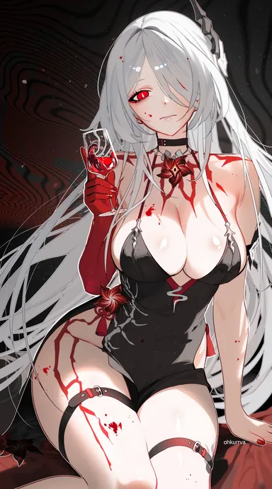 ohkurrva, honkai (series), honkai: star rail, acheron (honkai: star rail), black choker, choker, colored extremities, cup, drinking glass, female, hair over one eye, holding, holding cup, long hair, looking at viewer, mature female, red eyes, red hands, solo, thighs, white hair, wine glass, highres