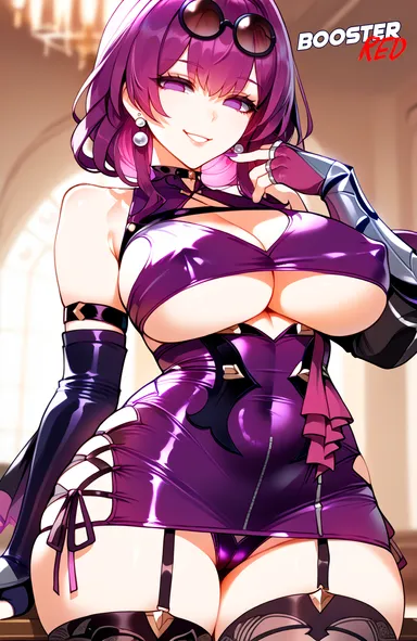 boosterred99, honkai: star rail, kafka (honkai: star rail), black stockings, bodycon, bridal gauntlets, cleavage cutout, curvy, dress, earrings, high-waist shorts, large breasts, miniskirt, purple eyes, purple hair, purple pantyhose, pussy, seductive smile, shirt, side-tie panties, sideboob, smile, stockings, thick thighs, thighs, underboob, white shirt, wide hips, ai generated