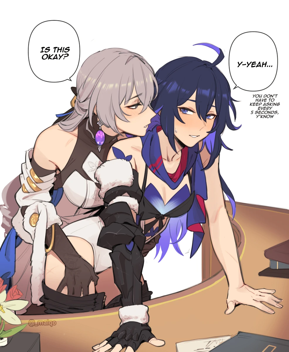 maiqo, honkai (series), honkai: star rail, bronya rand, seele (honkai: star rail), 2girls, hugging, hugging from behind, lesbian, only female, pulling down pants, romantic, romantic couple, yuri, dialogue, english, english text, tagme