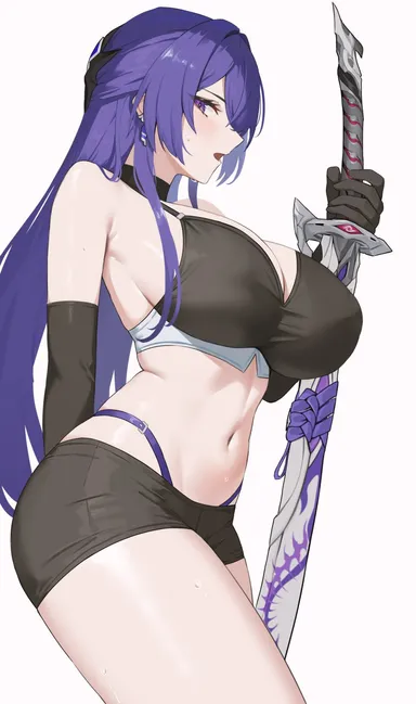 nvl, honkai (series), honkai: star rail, acheron (honkai: star rail), 1girls, black hair, cleavage, cleavage cutout, cleavage overflow, female, female focus, female only, flat belly, hair, holding, holding object, huge breasts, katana, light skin, light-skinned female, long hair, looking at viewer, looking away, massive breasts, short shorts, shorts, sword, tank top, thick thighs, thighs, tagme