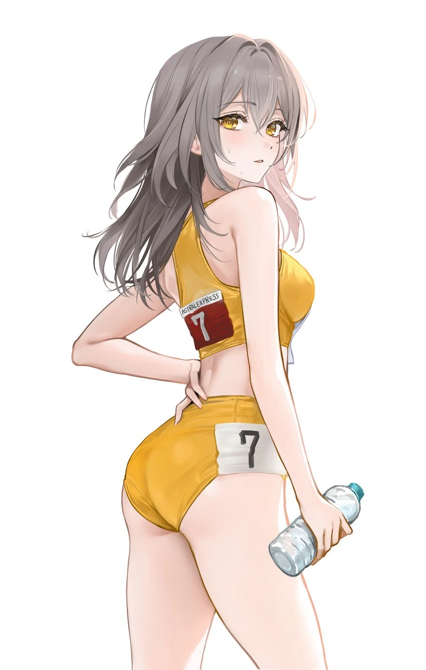 rity, honkai (series), honkai: star rail, stelle (honkai: star rail), 1girls, ass, bare arms, bare shoulders, blush, breasts, crop top, female, grey hair, hand on hip, medium breasts, sideboob, solo, sports bra, sportswear, thighs, trailblazer (honkai: star rail), water bottle, yellow eyes