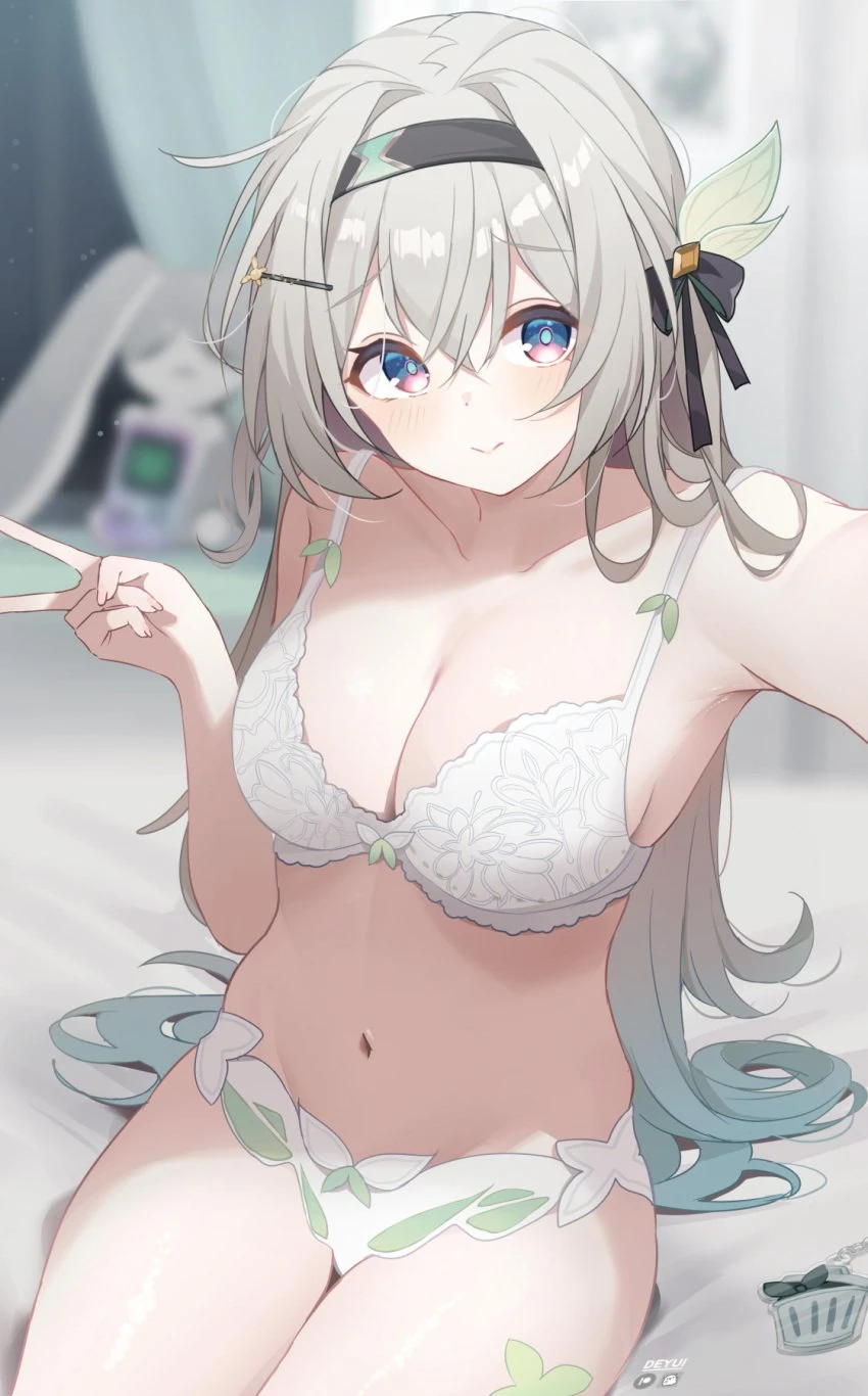 deyui, honkai (series), honkai: star rail, firefly (honkai: star rail), 1girls, bare shoulders, blue eyes, bra, breasts, collarbone, grey hair, hair between eyes, large breasts, lingerie, long hair, navel, panties, smile, solo, thighs, white bra, white panties