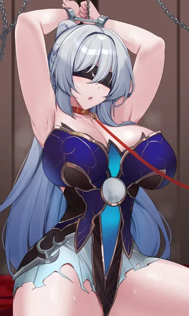 kanta (kanta 077), honkai: star rail, jingliu (honkai: star rail), 1girls, armpits, arms up, big breasts, blindfold, chained, chains, collar, curvy, dress, female, female only, large breasts, long hair, silver hair, solo, solo female, thick, thick thighs, torn clothes, torn dress, voluptuous, white hair