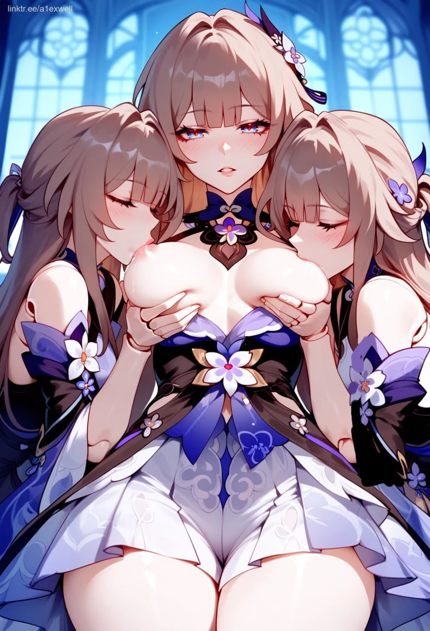 a1exwell, honkai: star rail, herta (honkai: star rail), 2girls, 3girls, doll joints, female, sucking nipples, thick thighs, triplets, ai generated, stable diffusion