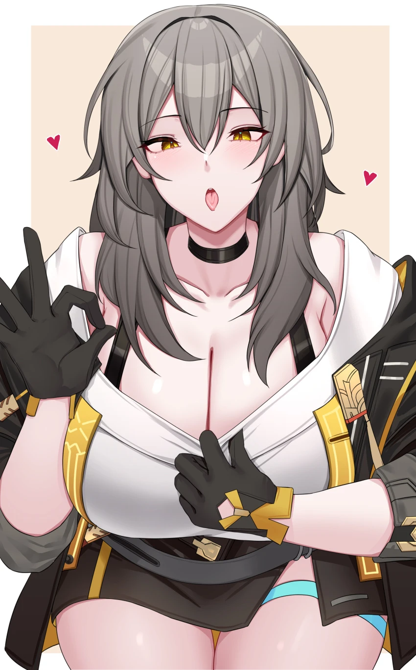 kanta (kanta 077), honkai (series), honkai: star rail, stelle (honkai: star rail), black choker, black gloves, black jacket, breasts, brown hair, choker, cleavage, cleavage pull, clothes pull, fellatio gesture, female, gloves, heart, huge breasts, jacket, long hair, mature female, milf, miniskirt, ok sign, shirt, shirt pull, skirt, solo, thighlet, thighs, tongue, white shirt, yellow eyes, absurdres, highres