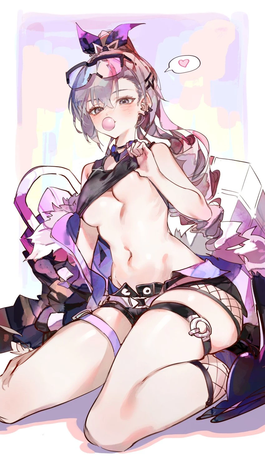 honkai: star rail, silver wolf (honkai: star rail), bubble gum, collar, heart, jacket partially removed, large breasts, midriff, navel, presenting, shirt lift, skindentation, spoken heart, thigh strap, upshirt, wariza