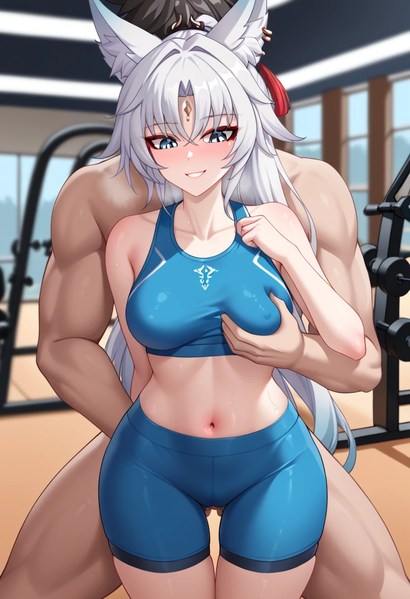 onkomaker, honkai (series), honkai: star rail, feixiao (honkai: star rail), 1boy, 1boy1girl, 1girls, animal ears, blue crop top, blue eyes, blue shorts, blush, crop top, ear piercing, eyeliner, female, female focus, grope, groping, groping breasts, gym, gym clothes, gym clothing, gym shirt, gym shorts, gym uniform, hand on breast, hips wider than shoulders, imminent sex, light skin, light-skinned female, light-skinned male, long hair, looking down, looking pleasured, male, male behind female, medium breasts, midriff, muscular, muscular male, navel, nipples, nipples visible through clothing, red eyeliner, shorts, smile, sports bra, sports shorts, sports uniform, sportswear, sweat, tight clothing, white ears, white hair, wide hips, ai generated, ai hands, blurry background