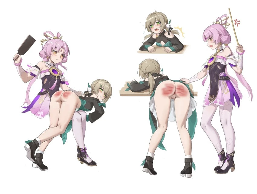 honkai (series), honkai: star rail, fu xuan (honkai: star rail), qingque (honkai: star rail), 2girls, amulet, anus, ass, attack of the hatogod, bent over, black footwear, blush, braid, breasts, brown eyes, brown hair, cane, caning, cleft of venus, clenched hand, detached sleeves, dress, earrings, from behind, full body, green eyes, hair ornament, hand up, high heels, holding, holding cane, holding paddle, jewelry, kneepits, long hair, medium hair, multiple girls, multiple views, open mouth, over the knee, paddle, pink hair, pussy, shoes, socks, spanked, spanking, sweater, teeth, white background, wide sleeves, absurdres, highres