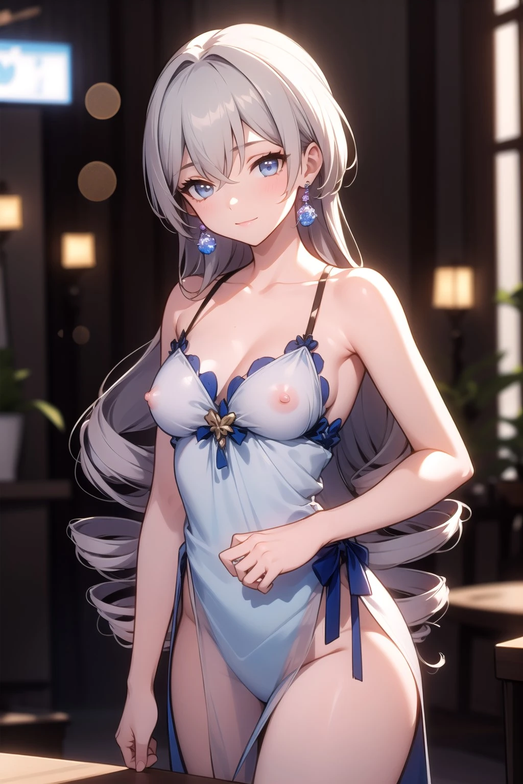 honkai: star rail, bronya rand, 1girls, bare thighs, blue eyes, blush, drill hair, earrings, grey hair, light skin, light-skinned female, lingerie, long hair, looking at viewer, medium breasts, nipples, nipples visible through clothing, see-through, shiny skin, silver hair, smile, solo, thighs, veil, ai generated