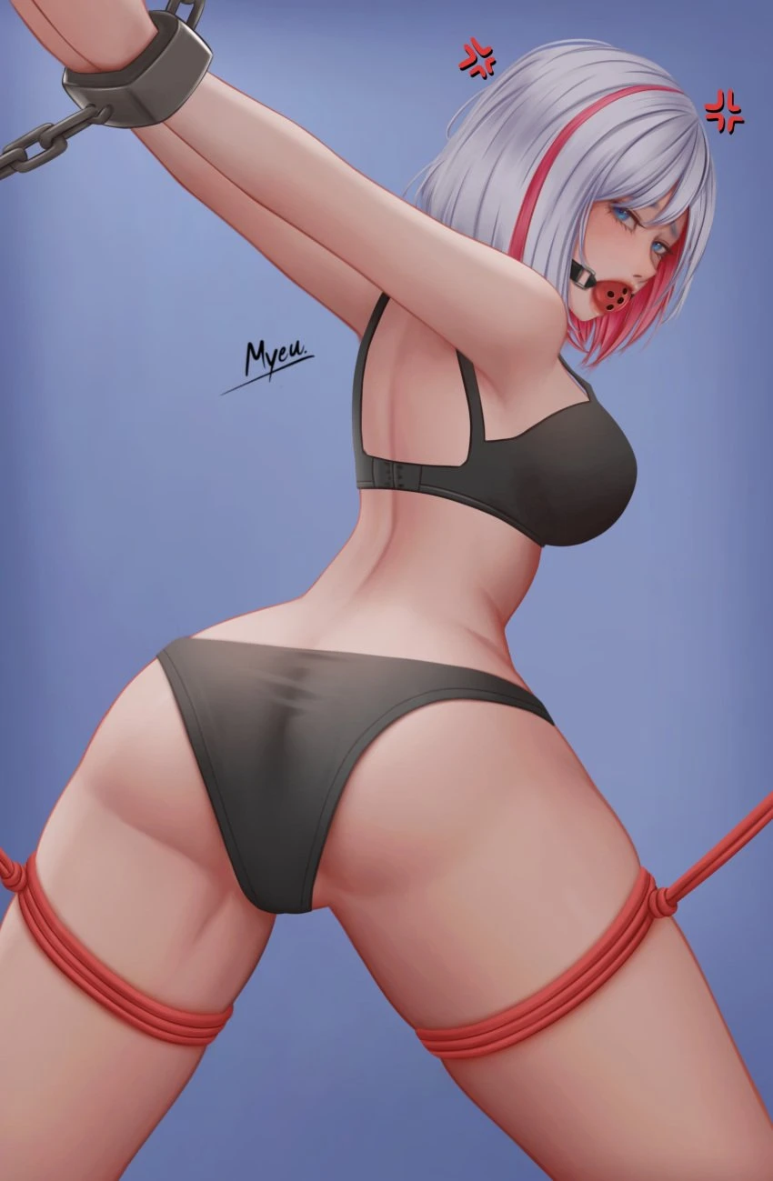 myeu, honkai: star rail, topaz (honkai: star rail), 1girls, anger vein, angry, ass, back, ball gag, black bra, black panties, blue eyes, bondage, bound, bound wrists, bra, breasts, chains, female, from behind, gag, gagged, light skin, light-skinned female, looking at viewer, looking back, multicolored hair, panties, red hair, rope, short hair, solo, white hair, absurd res, artist name