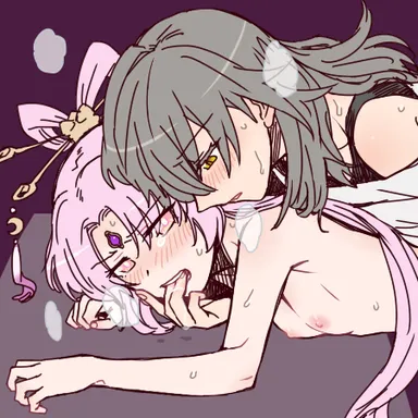 torinone, honkai (series), honkai: star rail, fu xuan (honkai: star rail), stelle (honkai: star rail), 2girls, blush, female, finger in mouth, flat chest, grey hair, hair ornament, long hair, nipples, pink eyes, pink hair, short hair, steam, yellow eyes, yuri