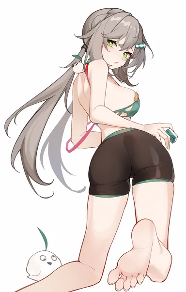 honkai: star rail, qingque (honkai: star rail), 1girls, ass, feet, looking at viewer