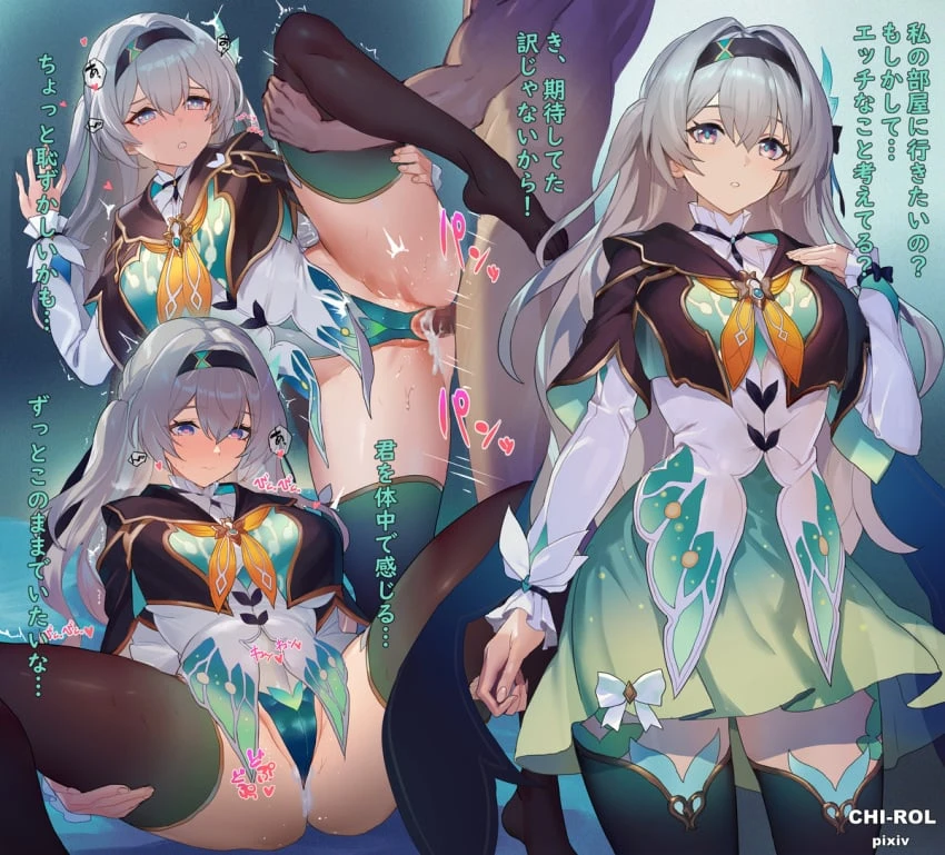 chi-rol, honkai (series), honkai: star rail, firefly (honkai: star rail), 1boy, black hairband, black thighhighs, clothed female nude male, female, grey hair, hairband, leg lift, long hair, long sleeves, looking at viewer, nude, parted lips, partially visible vulva, purple eyes, sex, spread legs, standing, standing sex, straight, thighhighs, thighs, artist name, commentary request, paid reward available, translation request