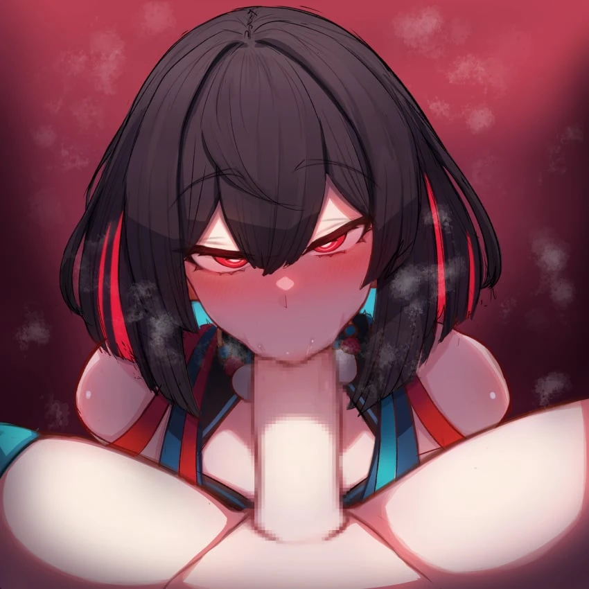 rikuguma, honkai (series), honkai: star rail, stelle (honkai: star rail), xueyi (honkai: star rail), 1futa, 1girl1futa, 1girls, balls, big breasts, big penis, black hair, blowjob, blowjob face, blush, blushing at viewer, breasts, erection, fellatio, female, female focus, futa on female, futanari, giving head, human, light skin, light-skinned female, light-skinned futanari, looking at partner, looking at viewer, nude, oral, penis, red eyes, sex, short hair, steam, steamy, steamy breath, sucking, sucking penis, thick thighs, tongue out, dialogue, tagme