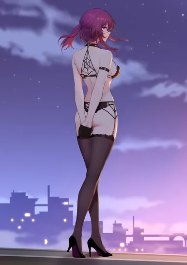 yunkaiming, honkai (series), honkai: star rail, kafka (honkai: star rail), arms behind back, back view, earrings, full body, garter belt, high heels, jewelry, leggings, looking at viewer, looking back, purple eyes, purple hair, sideboob, thigh gap, thighs, underwear