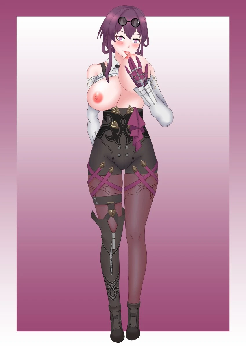 pixiv id 55847612, honkai: star rail, kafka (honkai: star rail), 1girls, bangs, black footwear, blush, breasts, breasts out, eyewear on head, female, gradient background, jewelry, licking nipple, long hair, looking at viewer , nipples, purple background, purple eyes, purple hair, self breast sucking, solo, thigh strap, tongue out, border