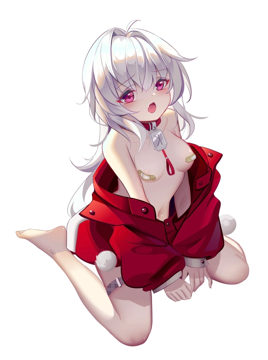 luai, honkai (series), honkai: star rail, clara (honkai: star rail), 1girls, bandaid, bandaids on nipples, bare shoulders, belly, belly button, bottomless, breasts, collar, covered nipples, feet, female, female focus, female only, jacket, legs, legs apart, light skin, naked, naked female, navel, no bra, no panties, nude, nude female, open eyes, open mouth, petite, red eyes, shoulders, small breasts, stomach, toes, topless, white hair, 2d, 2d (artwork), digital drawing (artwork), image