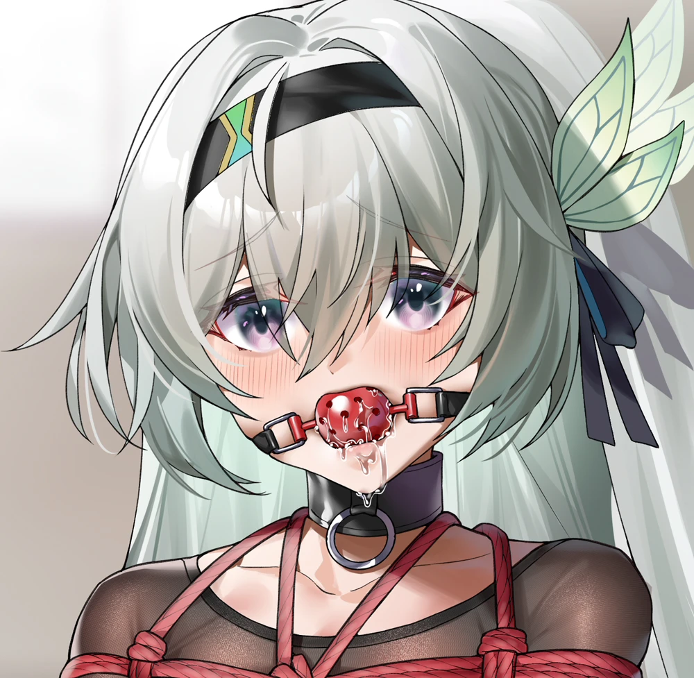 honkai (series), honkai: star rail, firefly (honkai: star rail), ball gag, bondage, collar, drool, drooling, female, female only, femsub, gag, red rope, rope, tied up, white hair