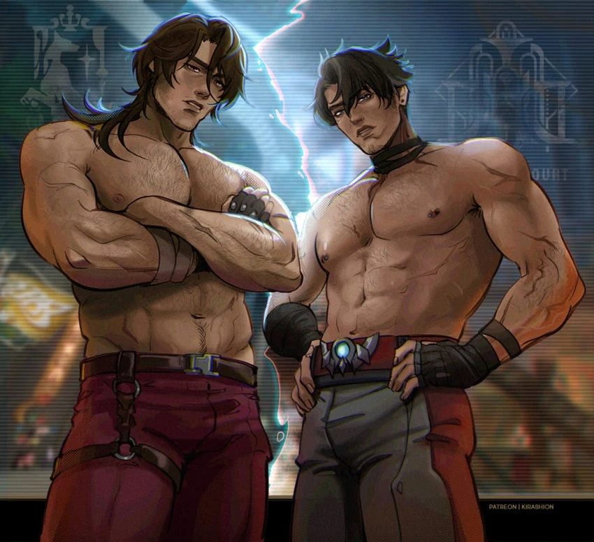 genshin impact, honkai: star rail, gallagher (honkai: star rail), wriothesley (genshin impact), armpit hair, bara, clothing, gay, hairy chest, looking at viewer, male, male nipples, male only, male/male, manly, mature male, muscular male, nipples, tight clothing, crossover