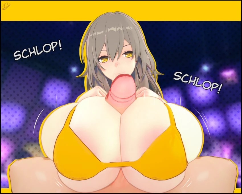 prinmei, honkai (series), honkai: star rail, stelle (honkai: star rail), 1boy, 1girls, alternate breast size, between breasts, big breasts, bra, breasts, breasts bigger than head, brown hair, bursting breasts, busty, cleavage, female, gigantic breasts, huge breasts, hyper breasts, male, male pov, paizuri, paizuri on lap, penis, pov, smile, straight, titjob, tongue, tongue out, yellow bra, 3d, english text, sound effects