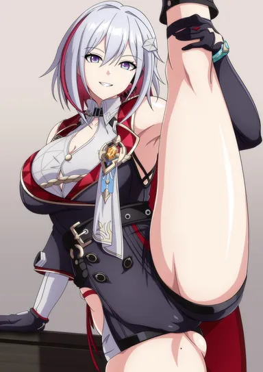 makiri akira, honkai: star rail, topaz (honkai: star rail), 1girls, armpits, ass visible through thighs, asymmetrical clothes, asymmetrical gloves, bare shoulders, black gloves, black pants, blazer, breasts, cameltoe, capelet, cleavage, cleavage cutout, clothing cutout, collarbone, cowboy shot, eyebrows visible through hair, gloves, grabbing, grey hair, grin, hair between eyes, hair ornament, large breasts, leg grab, looking at viewer, medium hair, mole, mole on thigh, one leg up, purple eyes, red hair, simple background, sleeveless, slit, smile, solo, solo female, standing split, streaked hair, teeth, wristband