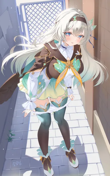 zzo (chorizzzzo), honkai (series), honkai: star rail, firefly (honkai: star rail), 1girls, black jacket, black thighhighs, blue eyes, blush, breasts, dress, green dress, green hair, grey hair, hair ornament, headband, high heels, looking at viewer, panties, panty pull, sign, smile, solo, solo female, thighhighs, two tone body, white panties, commission, hi res