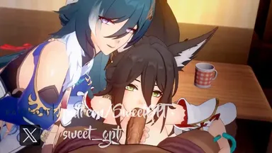 sweetgpt, blacked, honkai (series), honkai: star rail, tingyun (honkai: star rail), yukong (honkai: star rail), 1boy, 2girls, animal ears, animal humanoid, animal pussy, blowjob, cum, cum in mouth, cum in pussy, cum inside, fellatio, female, ffm threesome, fox, fox ears, fox girl, fox tail, male, sex, squirting, stacked, threesome, vaginal penetration, animated, mp4, sound, tagme, video