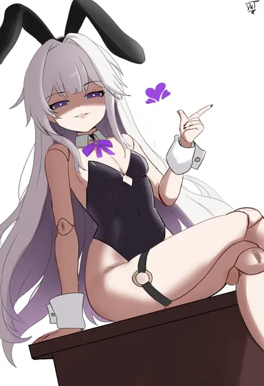 lord dante, honkai: star rail, herta (honkai: star rail), 1girls, bunny ears, bunnysuit, crossed legs, dominant female, domination, dominatrix, evil smile, grey hair, heart, long hair, playboy bunny, puppet, sitting, sitting on lap, small breasts, smaller female