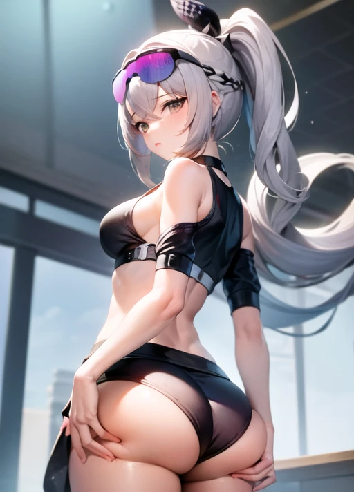 taodenei, honkai (series), honkai: star rail, silver wolf (honkai: star rail), ass, ass focus, ass grab, ass support, bare shoulders, blush, breasts, brown eyes, deep skin, embarrassed, female, from behind, huge ass, long hair, looking at viewer, looking back, medium breasts, ponytail, shiny, shiny clothes, shiny hair, shiny skin, short shorts, shorts, sideboob, solo, sunglasses, sunglasses on head, ai generated