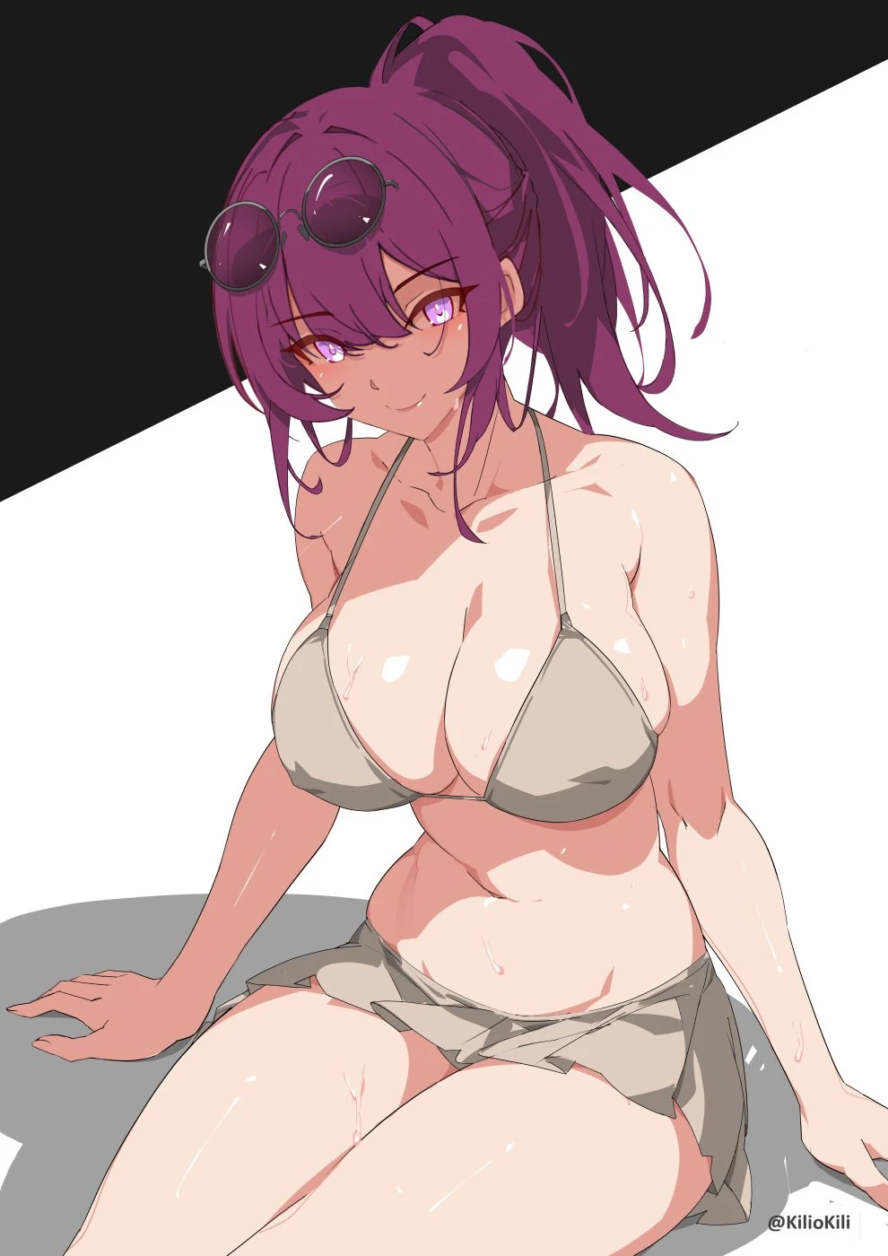 honkai (series), honkai: star rail, kafka (honkai: star rail), bare arms, bare shoulders, bikini, bikini skirt, breasts, eyewear on head, female, gloves, kili kilio, large breasts, long hair, looking at viewer, navel, purple eyes, purple hair, round eyewear, shiny skin, sitting, smile, solo, sunglasses, swimsuit, thighs, wet, highres, twitter username