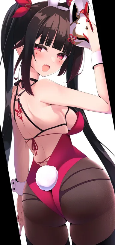 tetolisto, honkai (series), honkai: star rail, sparkle (honkai: star rail), 1girls, alternate costume, back, back view, backboob, blush, brown hair, bunny tail, bunnysuit, female, female focus, female only, fox mask, hourglass figure, light skin, light-skinned female, long hair, looking at viewer, looking back, looking back at viewer, mask, mask on head, pigtails, pink eyes, red bunnysuit, simple background, smiling, smiling at viewer, solo, solo female, solo focus, standing, white background, young, younger female, 2d, 2d (artwork), high resolution, highres