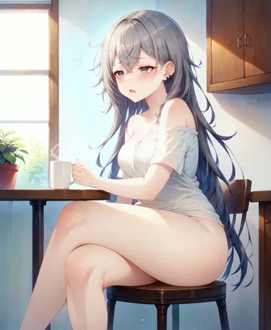 aimoonshine, honkai (series), honkai: star rail, mihoyo, silver wolf (honkai: star rail), 1girls, alternate costume, alternate hairstyle, bangs, bare legs, bare shoulders, blush, bottomless, breasts, casual, chair, cleavage, coffee, coffee mug, collarbone, crossed legs, cup, ear piercing, earrings, feet out of frame, female, female only, grey eyes, grey hair, hair between eyes, hair down, holding, holding cup, indoors, jewelry, long hair, medium breasts, messy hair, morning, mug, no panties, off shoulder, off-shoulder shirt, open mouth, plant, potted plant, shirt, short sleeves, sitting, solo, sunlight, thighs, very long hair, waking up, white shirt, ai generated