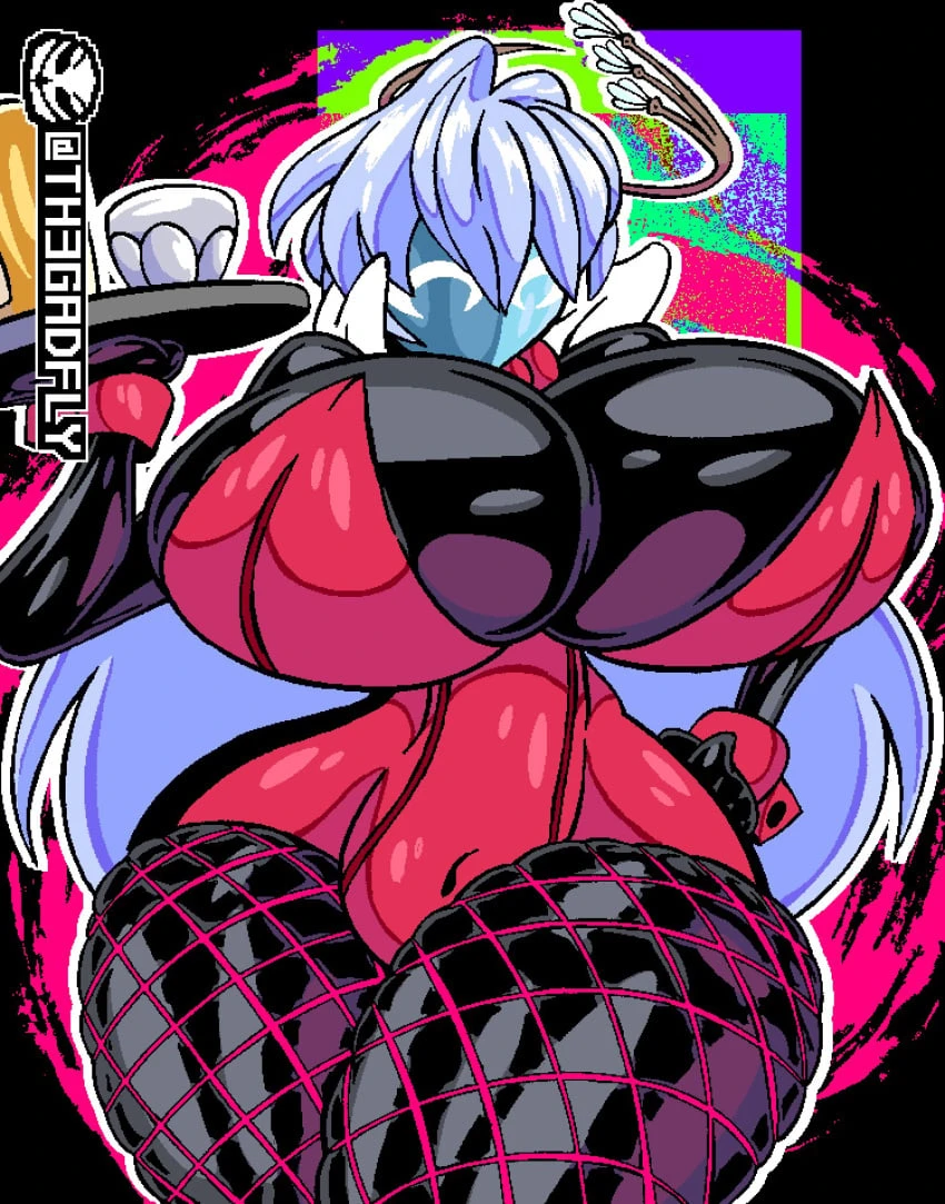 th3gadfly, honkai: star rail, persona, persona 5, robin (honkai: star rail), shadow (persona), big breasts, breasts, breasts bigger than head, cleavage, fishnets, thick thighs, waitress, 2024, tagme