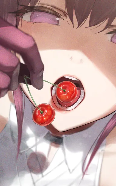 hidulume, honkai: star rail, kafka (honkai: star rail), 1girls, cherry, close-up, collared shirt, female, female only, film grain, food, from above, fruit, gloves, hair between eyes, holding, holding food, open mouth, purple eyes, purple gloves, shirt, solo, teeth, white shirt