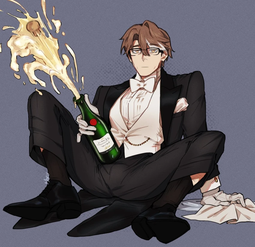 honkai impact 3rd, honkai: star rail, welt yang (honkai: star rail), 1boy, black suit, bowtie, bulge, bulge through clothing, champagne, glasses, male only, neutral expression, solo female, suit, sweatdrop, white bowtie, white gloves