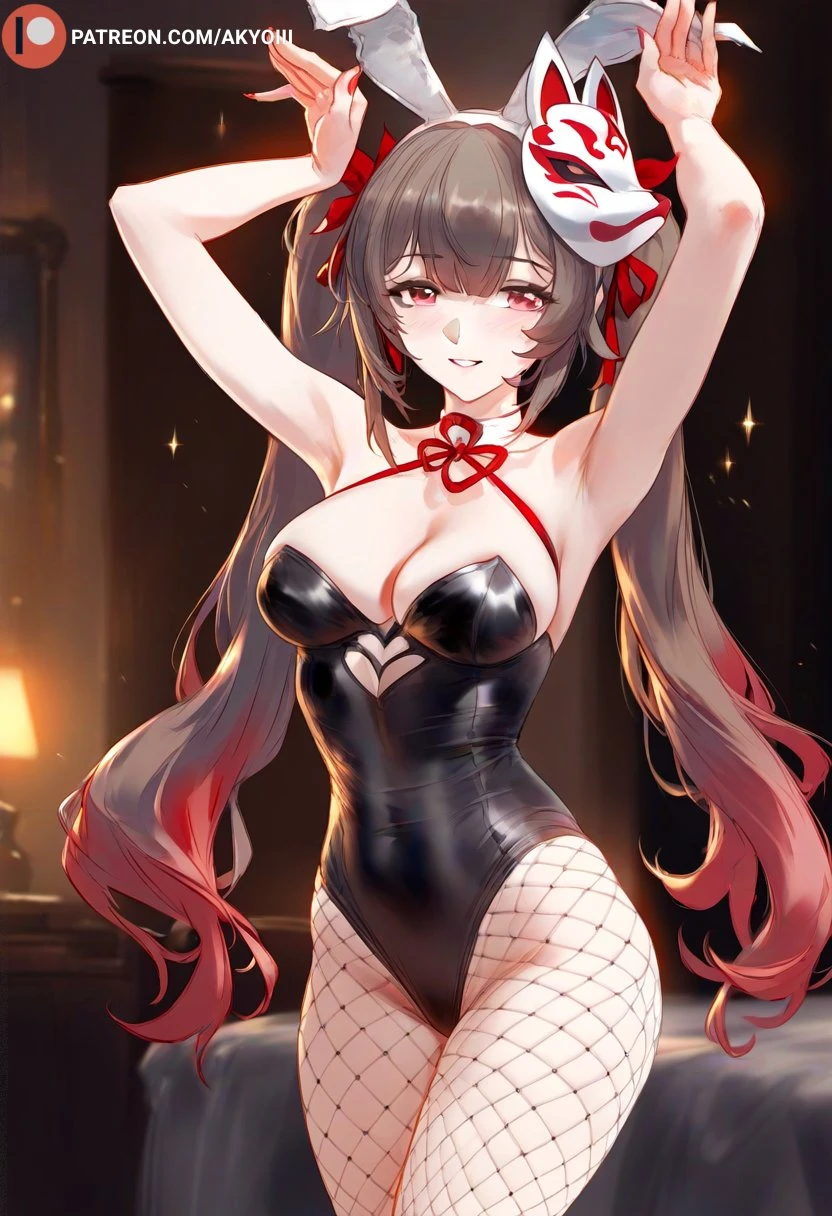 akyoi, honkai (series), honkai: star rail, hoyoverse, patreon, sparkle (honkai: star rail), 1girls, animal ears, bedroom, blush, breasts, brown hair, bunny ears, female, leotard, light skin, light-skinned female, long hair, looking at viewer, mask, mask on head, medium breasts, nails, purple eyes, red nails, ribbon, smile, solo, solo female, thighs, twintails, ai generated