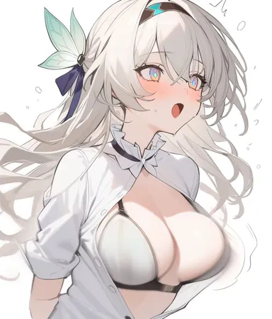 honkai: star rail, firefly (honkai: star rail), arms behind back, blush, bra, bursting breasts, button pop, collared shirt, full-face blush, motion blur, suprised, upper body