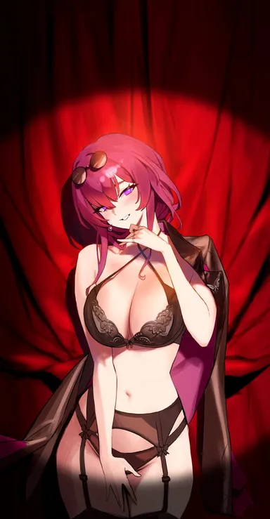 bby, honkai: star rail, kafka (honkai: star rail), 1girls, adult, bare arms, bare chest, bare midriff, bare shoulders, bare skin, bare thighs, belly, belly button, black bra, black jacket, black panties, black thighhighs, black underwear, blush, blush lines, bra, breasts, cleavage, covering crotch, covering pussy, earrings, elbows, eyewear on head, female, female focus, female only, fingers, groin, hair between eyes, head tilt, hourglass figure, jacket, large breasts, legs, light skin, light-skinned female, long hair, medium breasts, naked, naked female, navel, nude, nude female, open mouth, panties, purple eyes, purple eyes female, red background, red hair, red hair female, ring, shoulders, sidelocks, simple background, slender body, slender waist, slim girl, slim waist, smile, smiling, solo, spotlight, standing, sunglasses, sunglasses on forehead, sunglasses on head, thighhighs, thighs, thin waist, tilted head, underwear, upper body, v-line, wide hips, absurd res, absurdres, high resolution, highres