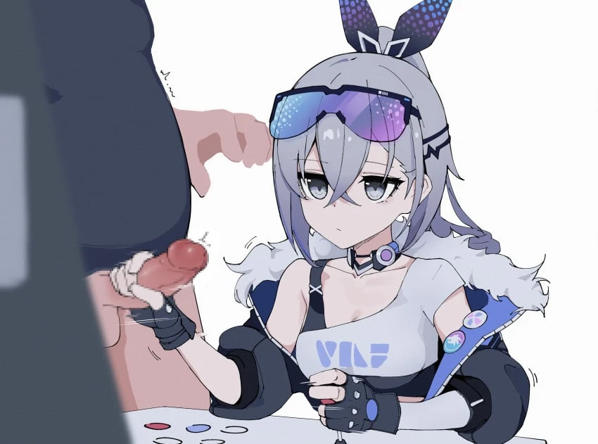 wang, honkai (series), honkai: star rail, silver wolf (honkai: star rail), 1boy, black gloves, black jacket, closed mouth, erection, female, fingerless gloves, fur trim, fur-trimmed jacket, gloves, goggles, goggles on head, grey eyes, grey hair, hair between eyes, handjob, high ponytail, jacket, long hair, penis, playing games, simple background, solo focus, straight, white background, absurdres, censored, highres, mosaic censoring