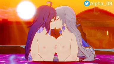 alpha 08, honkai: star rail, bronya rand, seele (honkai: star rail), 2girls, breasts to breasts, hot spring, kissing, purple hair, silver hair, small breasts, sunset, yuri