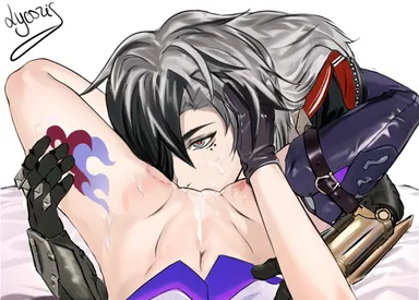 honkai (series), honkai: star rail, acheron (honkai: star rail), boothill (honkai: star rail), 1boy, 1boy1girl, bite, bite mark, bite mark on thigh, bite marks, eating out, eating pussy, female, gloves, hand on head, hand on thigh, heterosexual, mostly nude female, sf korosareru (artist), tagme