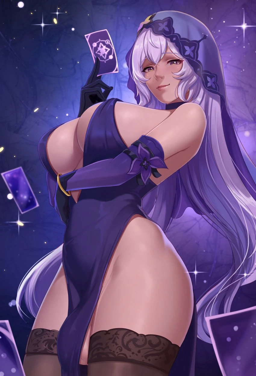 exlic, honkai: star rail, black swan (honkai: star rail), 1futa, balls, blush, breasts, card, flaccid, futa only, futanari, human, light skin, light-skinned futanari, long hair, nipples, penis, seductive, seductive look, seductive smile, showing off, smile, smooth balls, smooth penis, solo, standing, veil